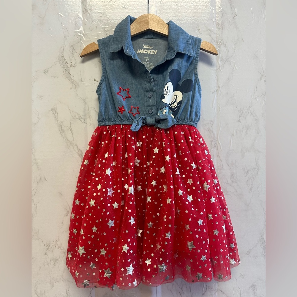 3T Disney Mickey Denim Toddler Tulle Dress Cute Tie Front 4th of July